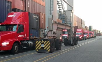 Averitt trucks lined up at the Port of Savannah to dray containers inland.