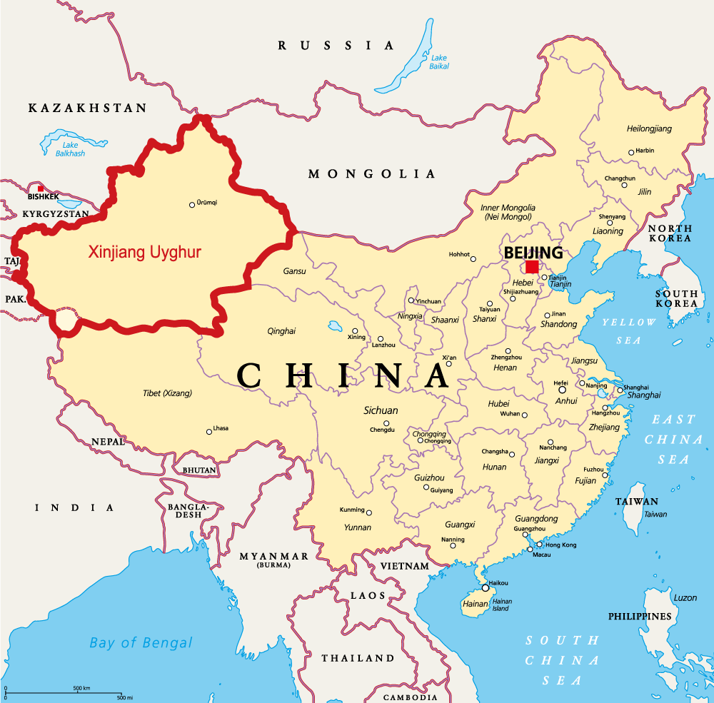 Map of Xinjiang Uyghur Autonomous Region (XUAR) of China